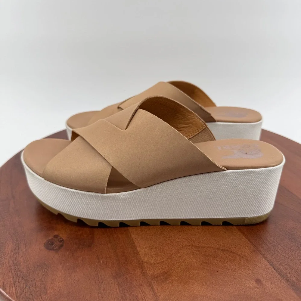 Sorel Cameron Flatform Slide Womens Beige‎ Leather Cross Strap Summer Sandals 9
